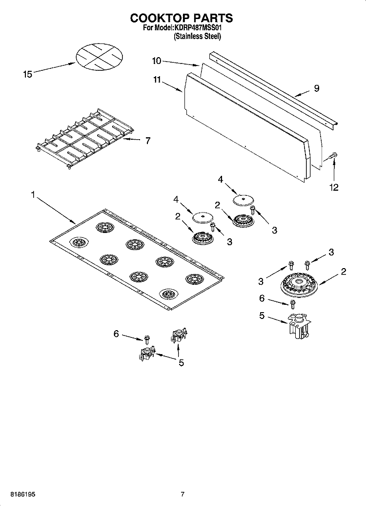 COOKTOP PARTS Diagram and Parts List for KDRP487MSS01  KitchenAid Range