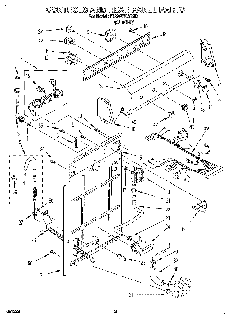 CONTROLS AND REAR PANEL Diagram and Parts List for 7TAWS700BN0  Whirlpool Washer