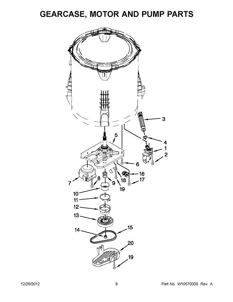 GEARCASE, MOTOR AND PUMP PARTS Diagram and Parts List for CAW12444BW0  Whirlpool Washer