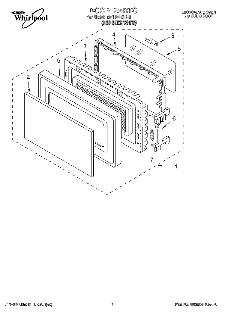 DOOR Diagram and Parts List for MT1131SGQ0  Whirlpool Microwave
