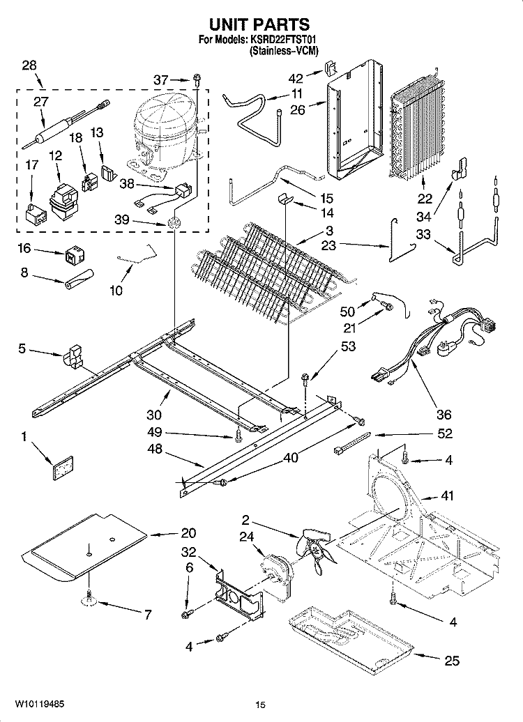 UNIT PARTS Diagram and Parts List for KSRD22FTST01  KitchenAid Refrigerator