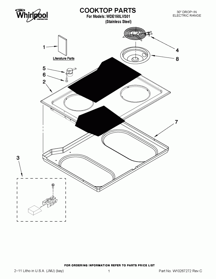 COOKTOP PARTS Diagram and Parts List for WDE150LVS01  Whirlpool Range