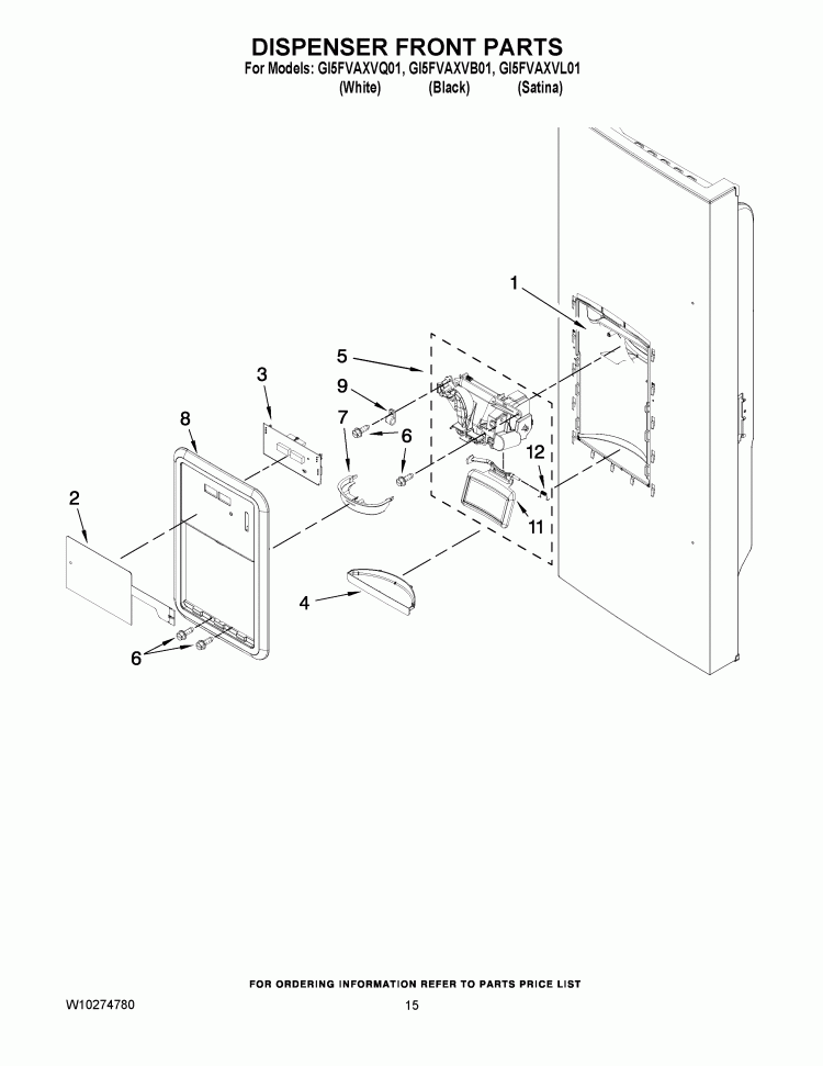 DISPENSER FRONT PARTS Diagram and Parts List for GI5FVAXVB01  Whirlpool Refrigerator