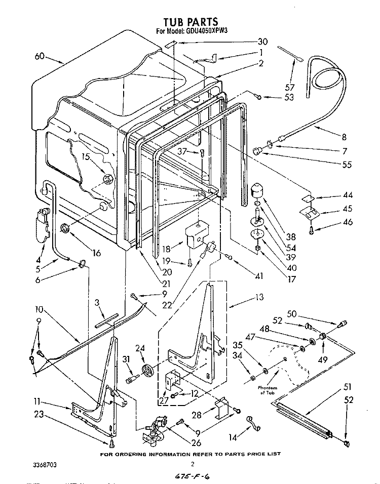 TUB Diagram and Parts List for GDU4050XPW3  Whirlpool Dishwasher