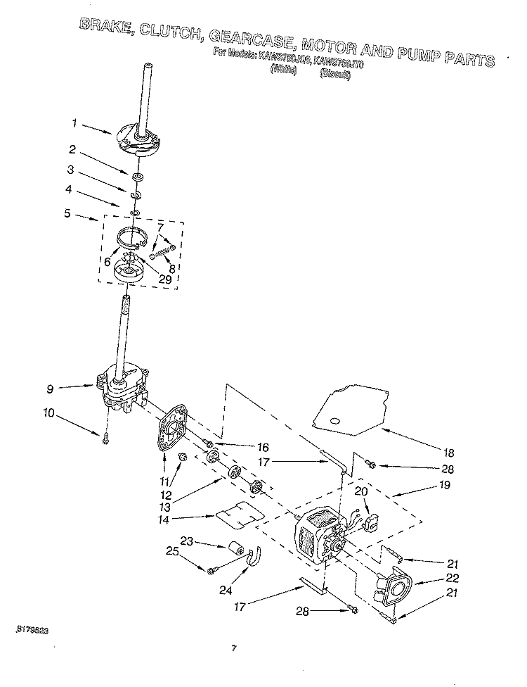 BRAKE, CLUTCH, GEARCASE, MOTOR AND PUMP Diagram and Parts List for KAWS750JQ0  KitchenAid Washer