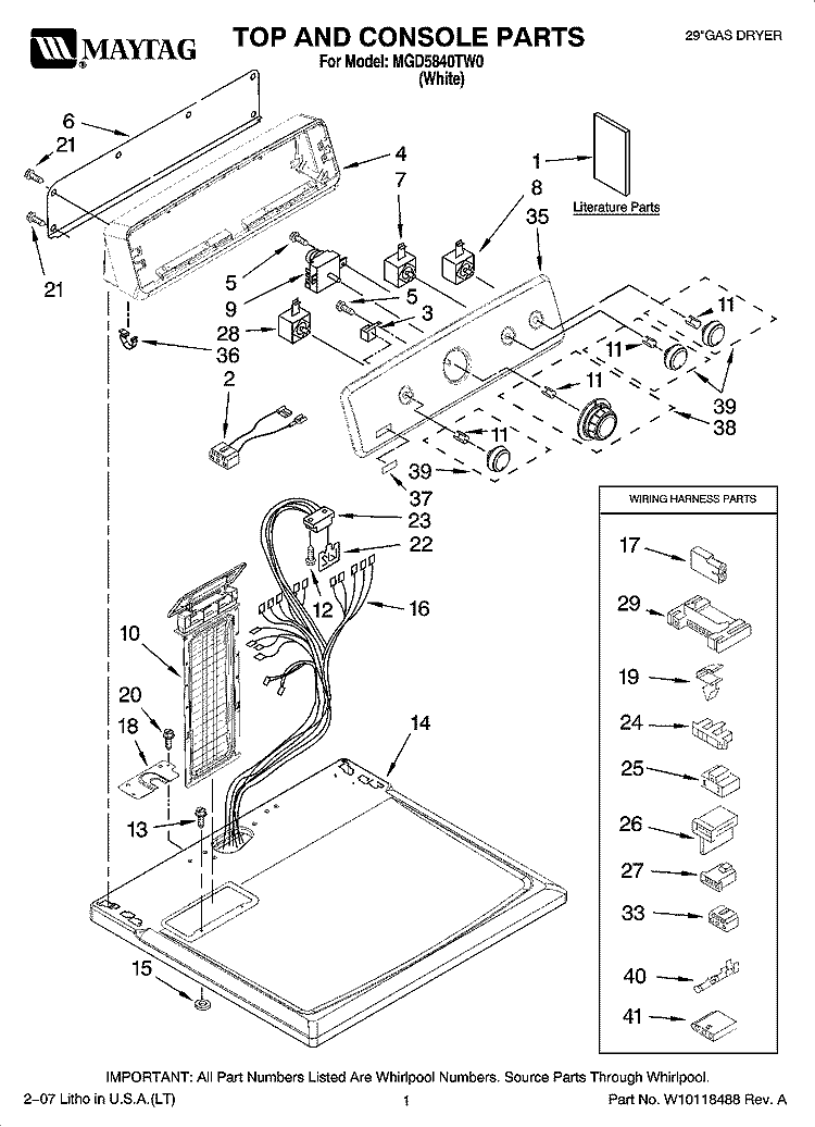 TOP AND CONSOLE PARTS Diagram and Parts List for MGD5840TW0  Maytag Dryer