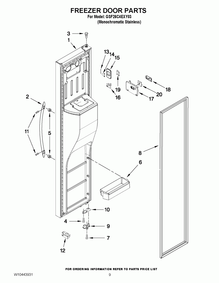 FREEZER DOOR PARTS Diagram and Parts List for GSF26C4EXY03  Whirlpool Refrigerator