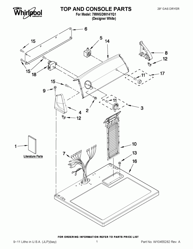 TOP AND CONSOLE PARTS Diagram and Parts List for 7MWGD9014YQ1  Whirlpool Dryer