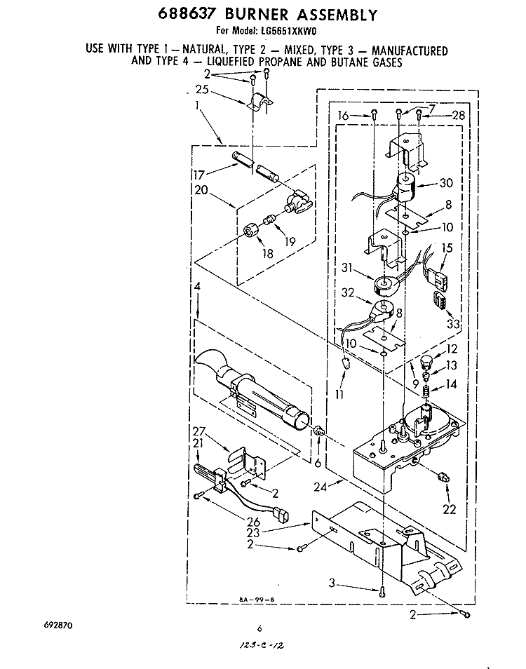688637 BURNER Diagram and Parts List for LG5651XKW0  Whirlpool Dryer