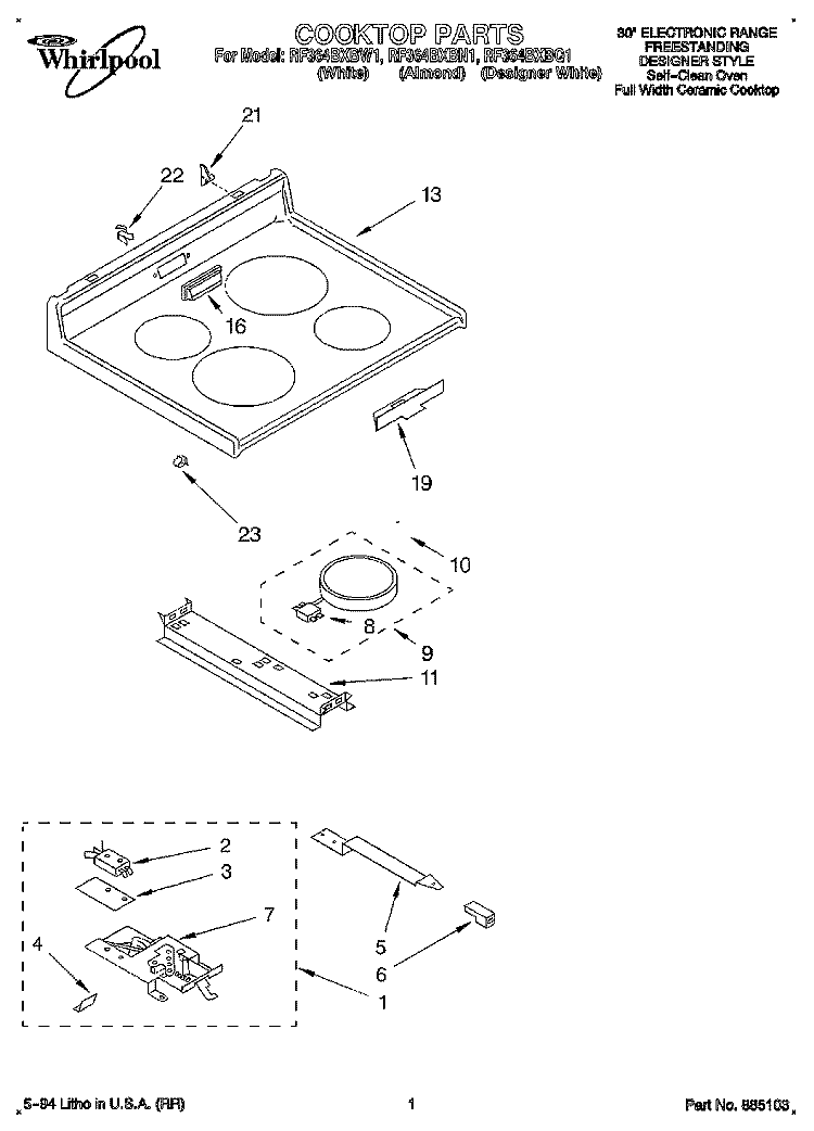 COOKTOP, LITERATURE Diagram and Parts List for RF364BXBQ1  Whirlpool Range