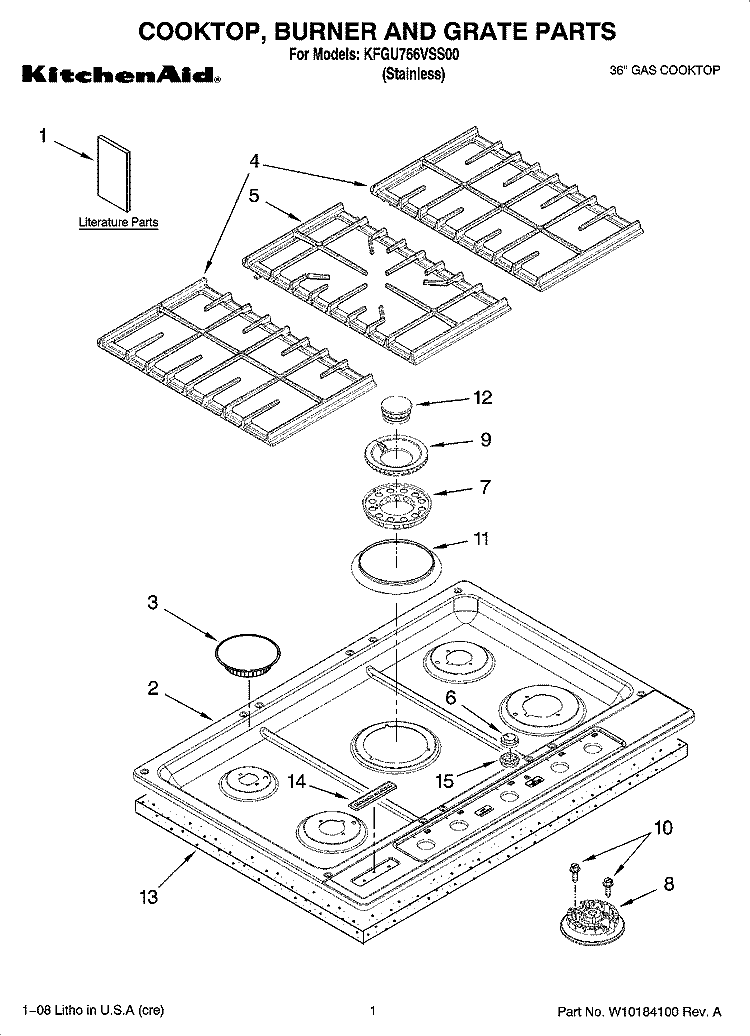 COOKTOP, BURNER AND GRATE PARTS Diagram and Parts List for KFGU766VSS00  KitchenAid Cooktop