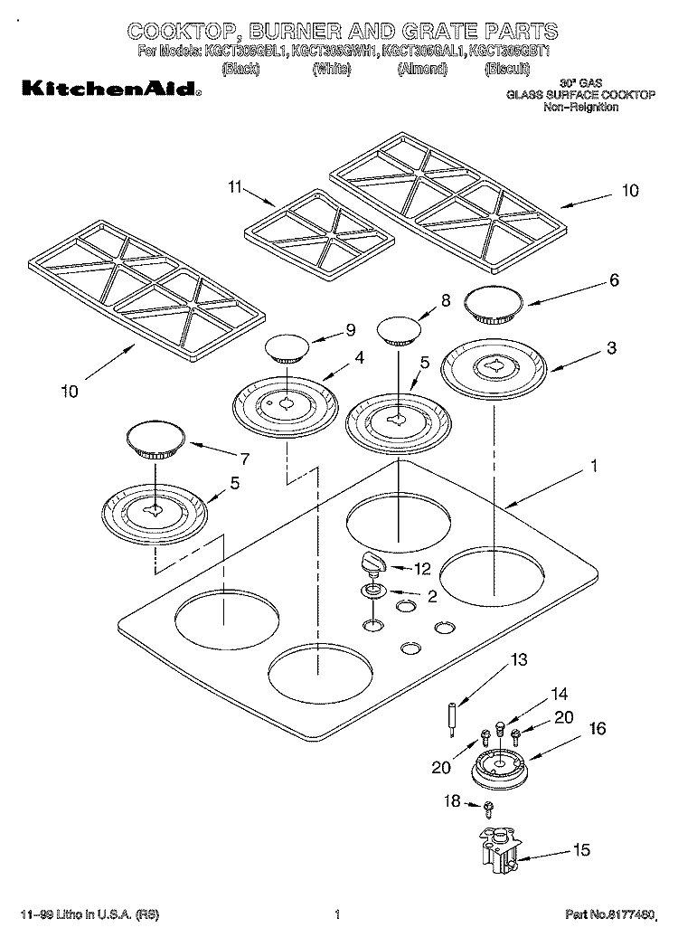 SECTION Diagram and Parts List for KGCT305GBL1  KitchenAid Cooktop