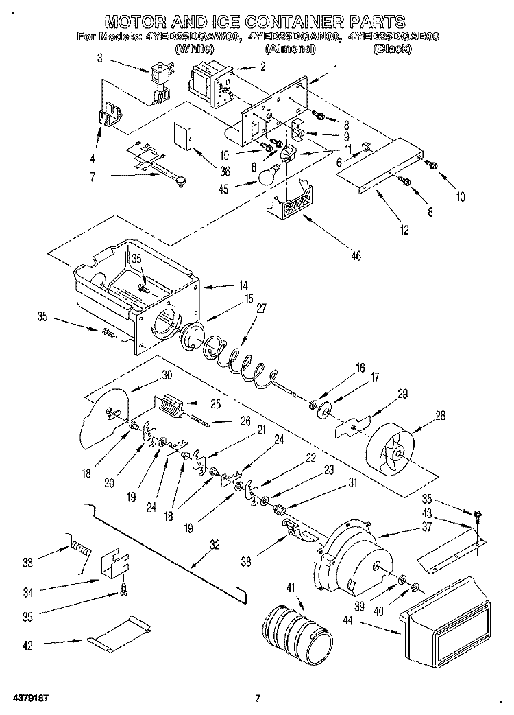 MOTOR AND ICE CONTAINER Diagram and Parts List for 4YED25DQAB00  Whirlpool Refrigerator