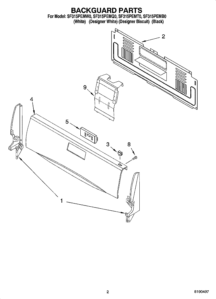 BACKGUARD PARTS Diagram and Parts List for SF315PEMT0  Whirlpool Range