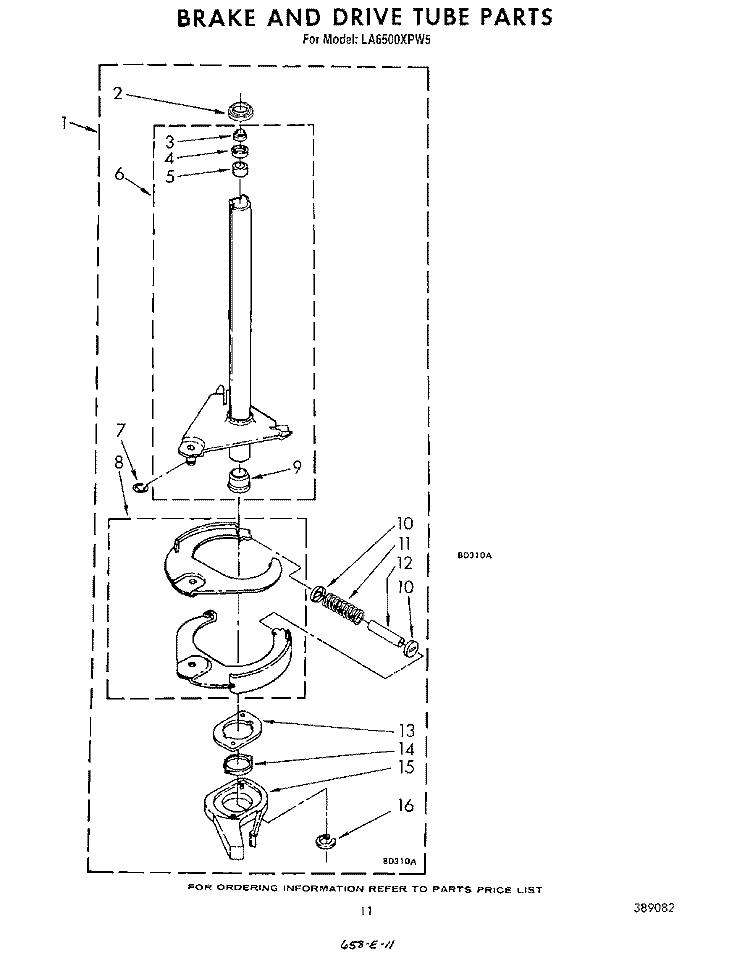 BRAKE AND DRIVE TUBE Diagram and Parts List for LA6500XPW5  Whirlpool Washer