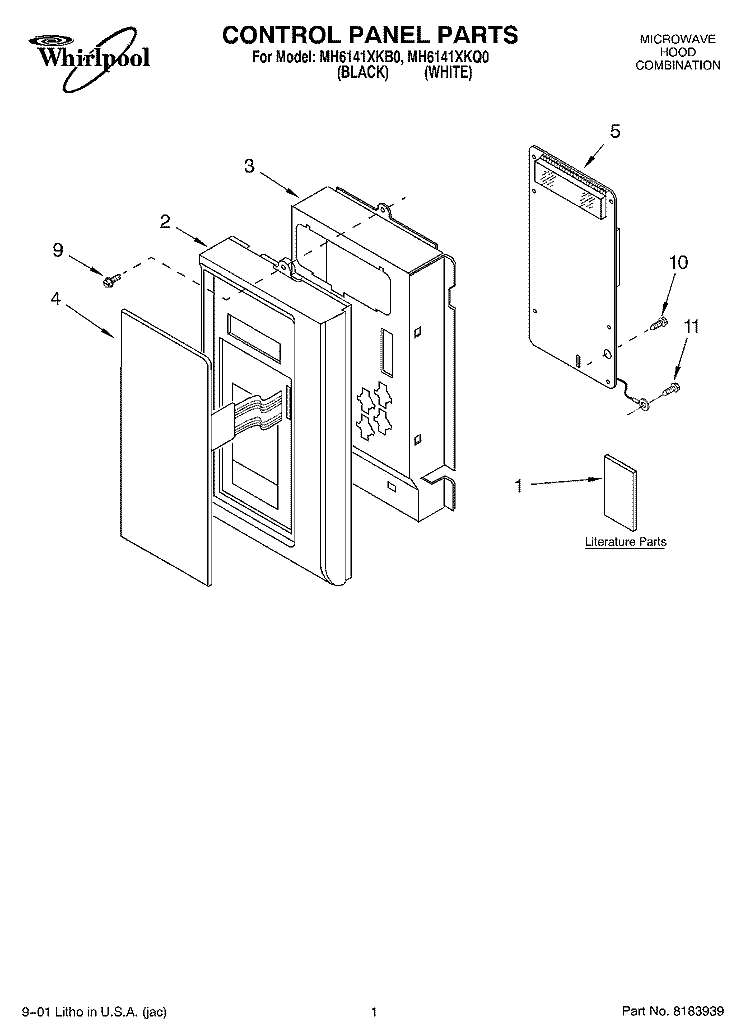 CONTROL PANEL, LITERATURE Diagram and Parts List for MH6141XKQ0  Whirlpool Microwave