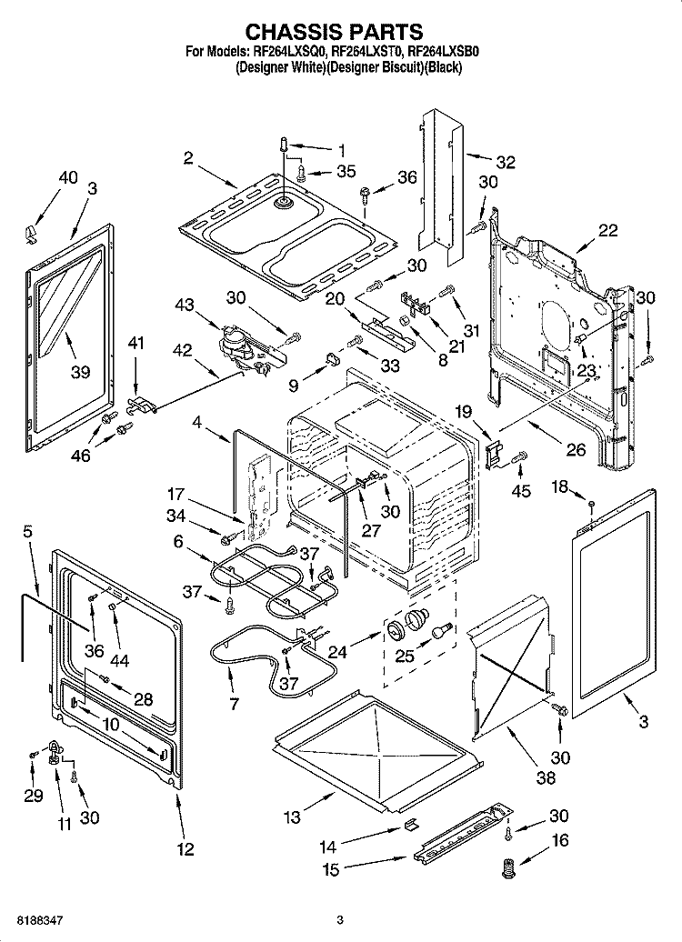 CHASSIS PARTS Diagram and Parts List for RF264LXSB0  Whirlpool Range
