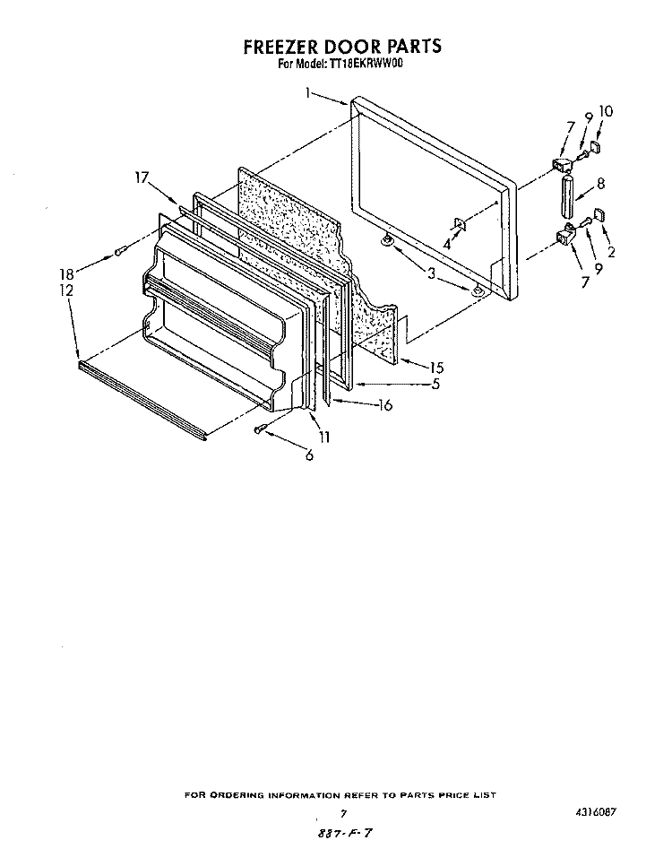 FREEZER DOOR Diagram and Parts List for TT18EKRWW00  Estate Refrigerator