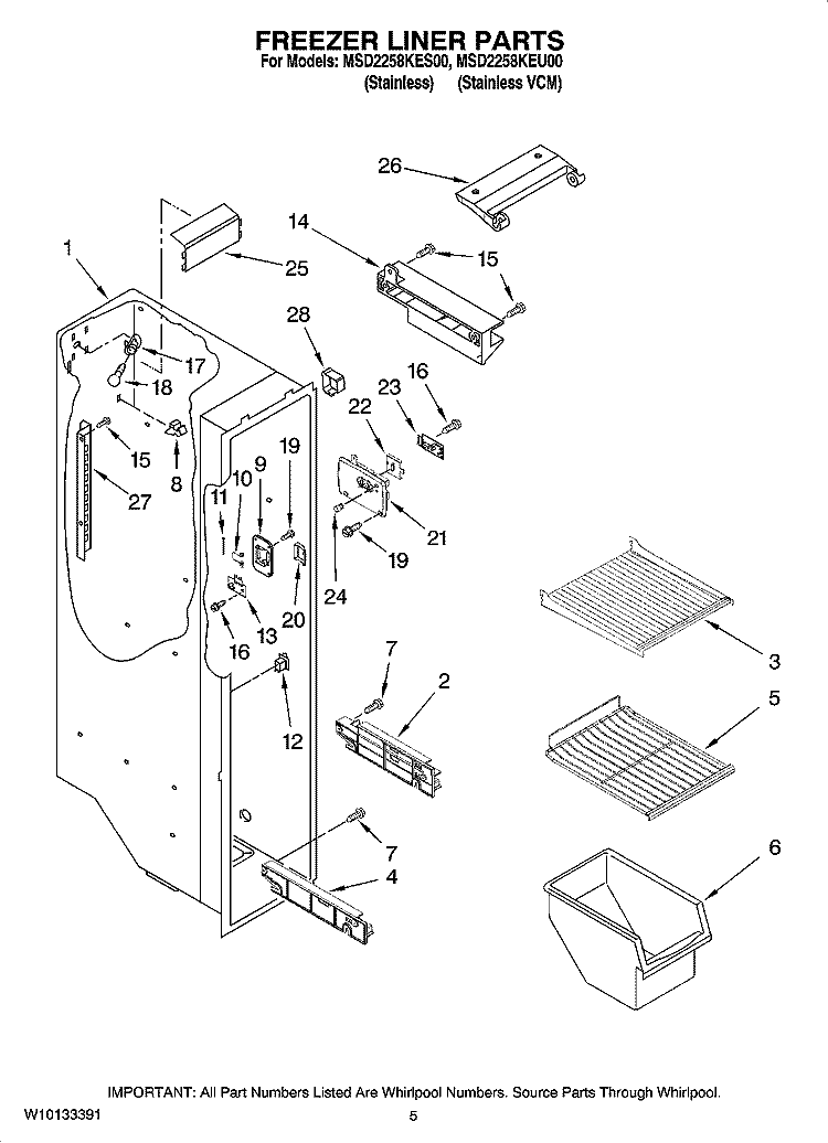 FREEZER LINER PARTS Diagram and Parts List for MSD2258KEU00  Whirlpool Refrigerator