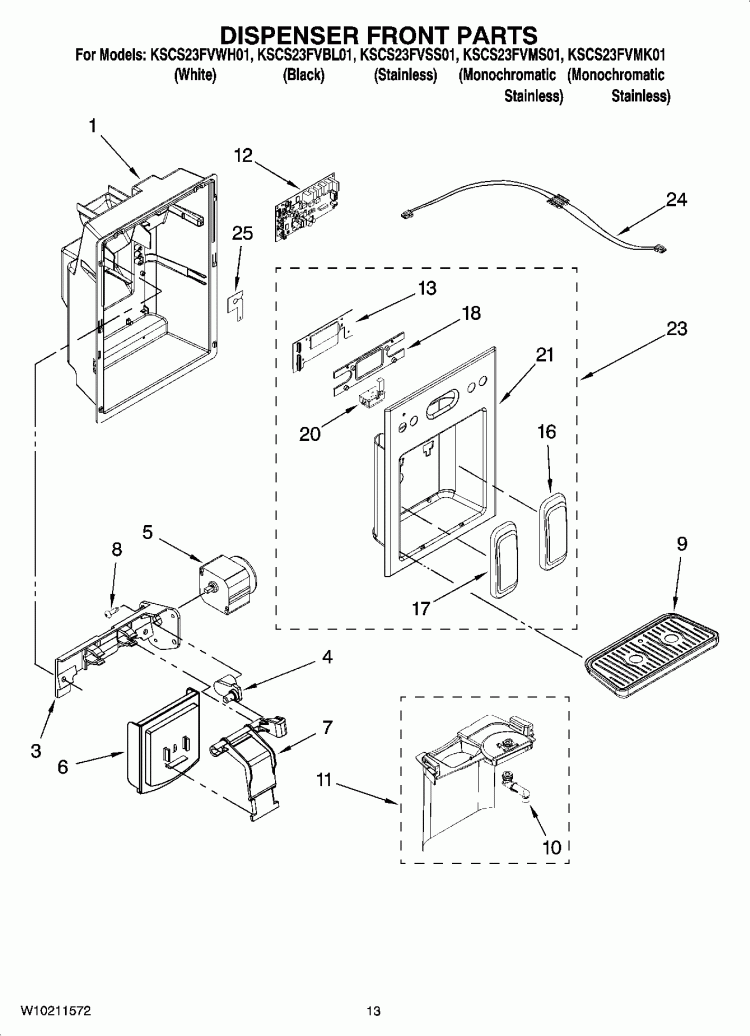 DISPENSER FRONT PARTS Diagram and Parts List for KSCS23FVBL01  KitchenAid Refrigerator