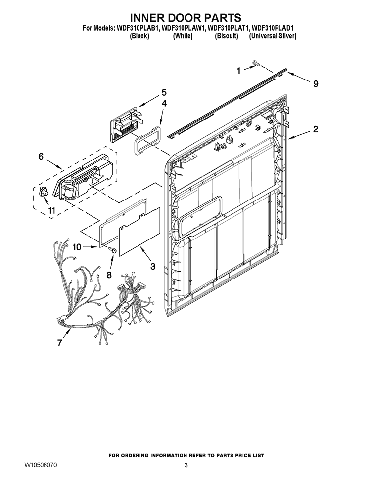 INNER DOOR PARTS Diagram and Parts List for WDF310PLAD1  Whirlpool Dishwasher