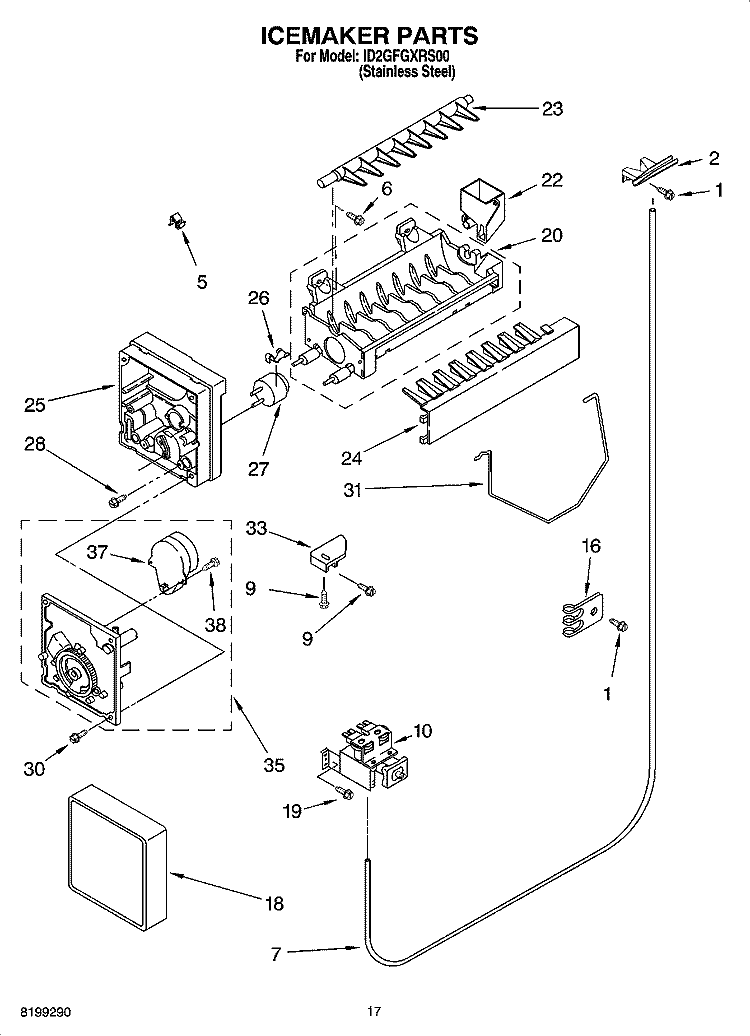 ICEMAKER PARTS Diagram and Parts List for ID2GFGXRS00  Whirlpool Refrigerator