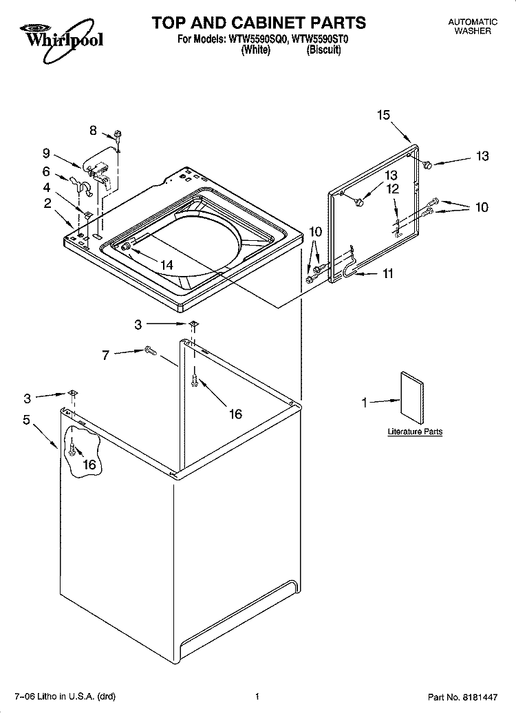 TOP AND CABINET PARTS Diagram and Parts List for WTW5590SQ0  Whirlpool Washer