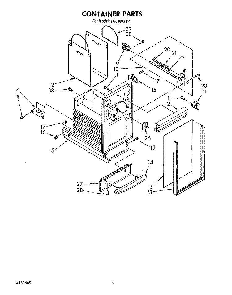 CONTAINER Diagram and Parts List for TU8100XTP1  Whirlpool Trash Compactor