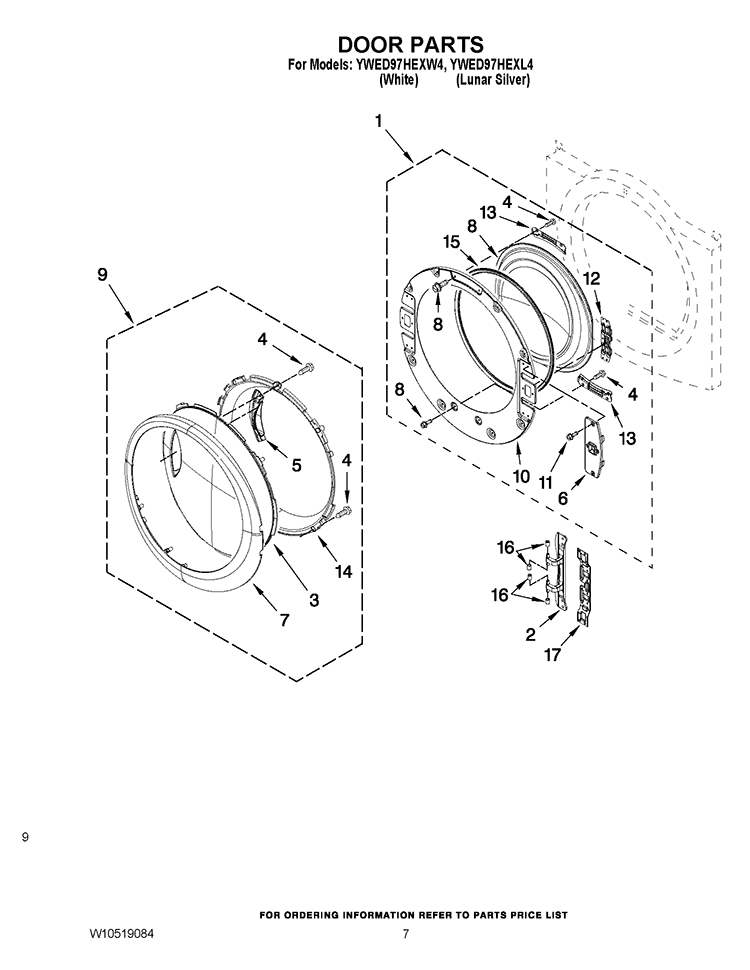 DOOR PARTS Diagram and Parts List for YWED97HEXW4  Whirlpool Dryer