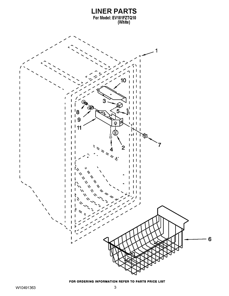 LINER PARTS Diagram and Parts List for EV181FZTQ10  Whirlpool Freezer