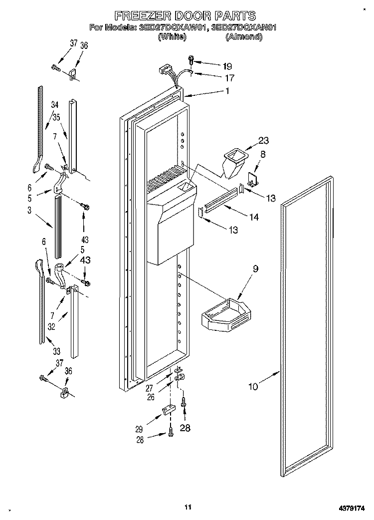 FREEZER DOOR Diagram and Parts List for 3ED27DQXAW01  Whirlpool Refrigerator