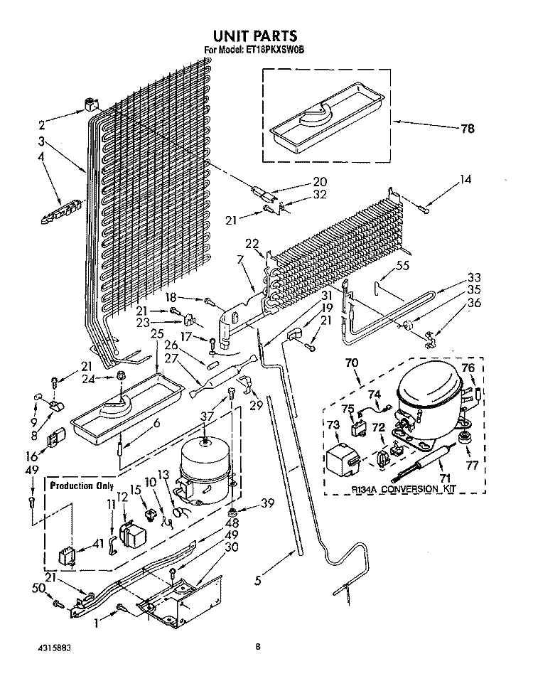 UNIT Diagram and Parts List for ET18PKXSW0B  Whirlpool Refrigerator