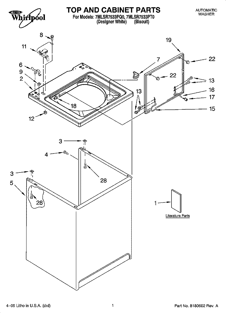 TOP AND CABINET PARTS Diagram and Parts List for 7MLSR7533PT0  Whirlpool Washer