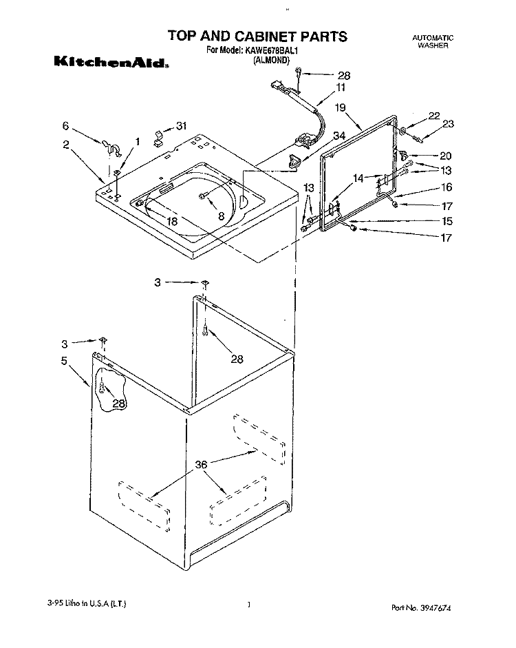 TOP AND CABINET, LIT/OPTIONAL Diagram and Parts List for KAWE678BAL1  KitchenAid Washer