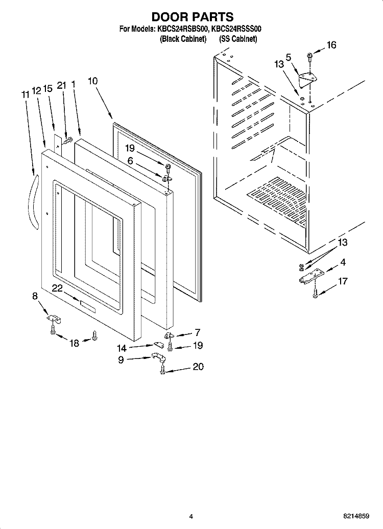 DOOR PARTS Diagram and Parts List for KBCS24RSBS00  KitchenAid Wine and Beverage Cooler