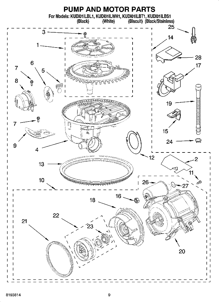 PUMP AND MOTOR PARTS Diagram and Parts List for KUDI01ILBS1  KitchenAid Dishwasher