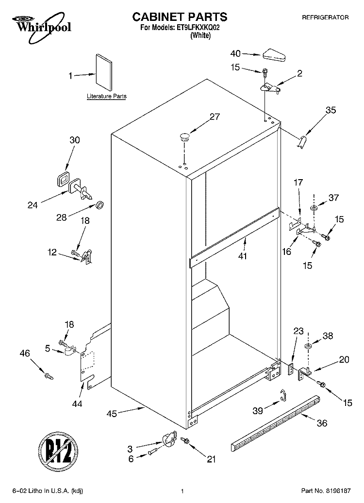 CABINET, LITERATURE Diagram and Parts List for ET9LFKXKQ02  Whirlpool Refrigerator