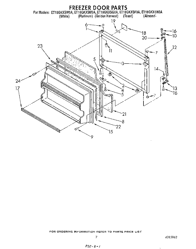 FREEZER DOOR Diagram and Parts List for ET18GKXSW0A  Whirlpool Refrigerator