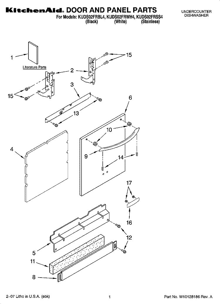 DOOR AND PANEL PARTS Diagram and Parts List for KUDS02FRWH4  KitchenAid Dishwasher