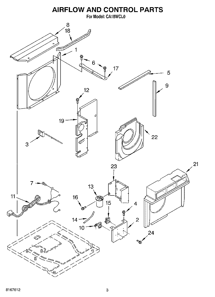 AIR FLOW AND CONTROL Diagram and Parts List for CA18WCL0  Crosley Air Conditioner