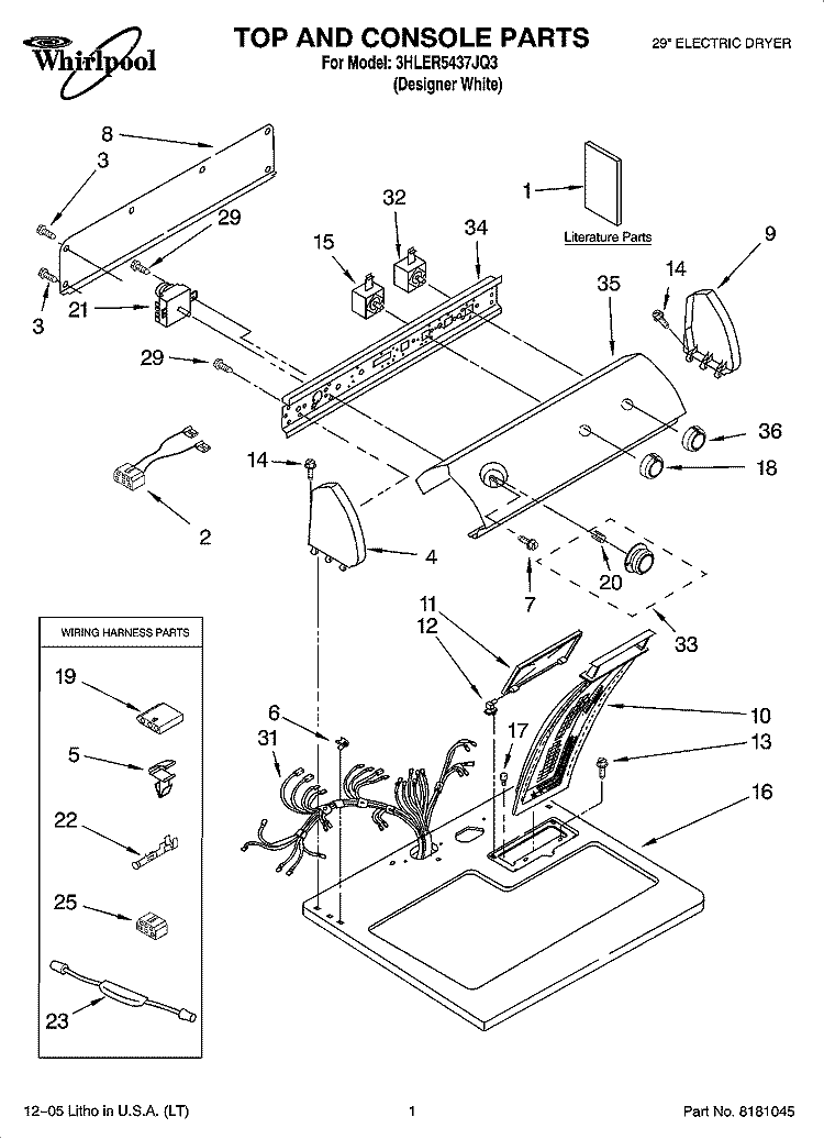 TOP AND CONSOLE PARTS Diagram and Parts List for 3HLER5437JQ3  Whirlpool Dryer