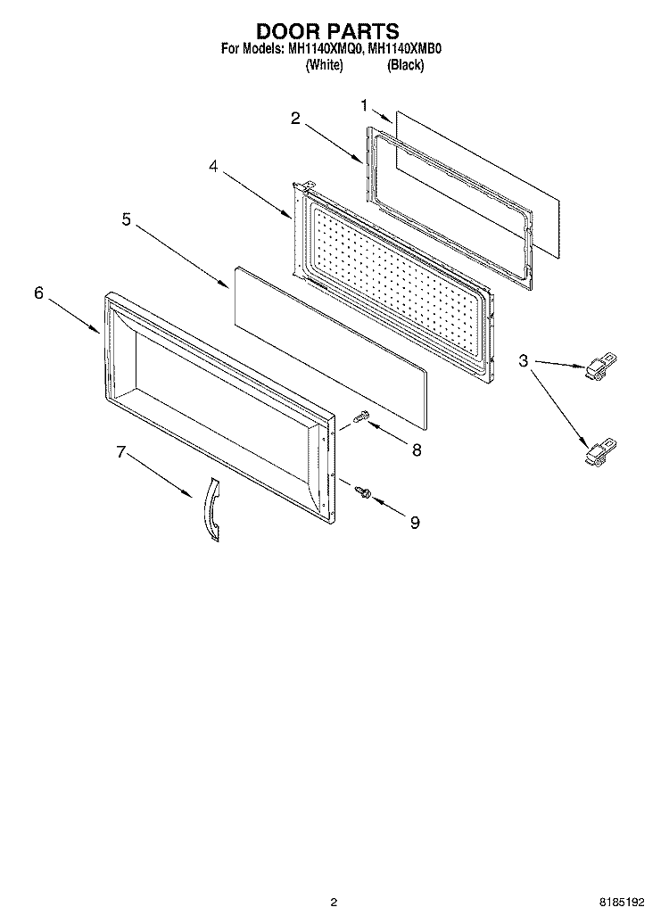 DOOR PARTS Diagram and Parts List for MH1140XMB0  Whirlpool Microwave