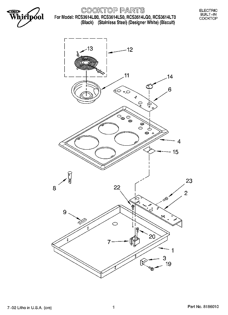 SECTION Diagram and Parts List for RCS3614LQ0  Whirlpool Cooktop