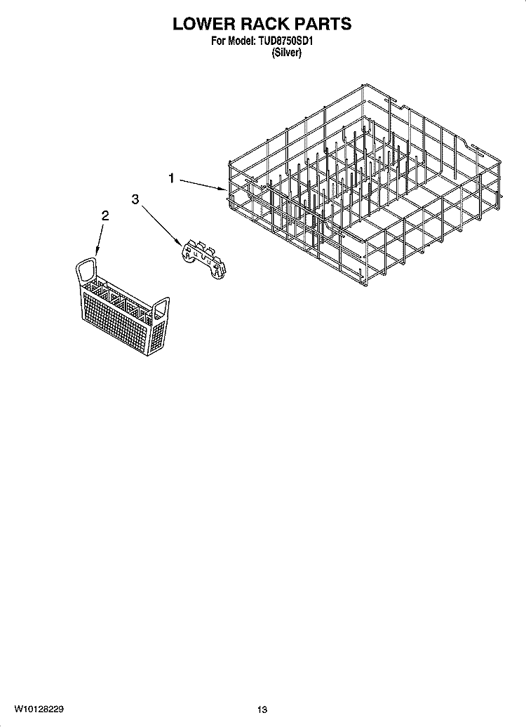 LOWER RACK PARTS, OPTIONAL PARTS (NOT INCLUDED) Diagram and Parts List for TUD8750SD1  Estate Dishwasher