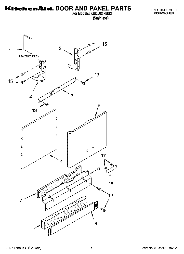 DOOR AND PANEL PARTS Diagram and Parts List for KUDL02IRBS3  KitchenAid Dishwasher