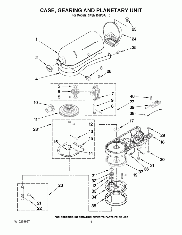CASE, GEARING AND PLANETARY UNIT Diagram and Parts List for 5KSM156PSACA0  KitchenAid Mixer