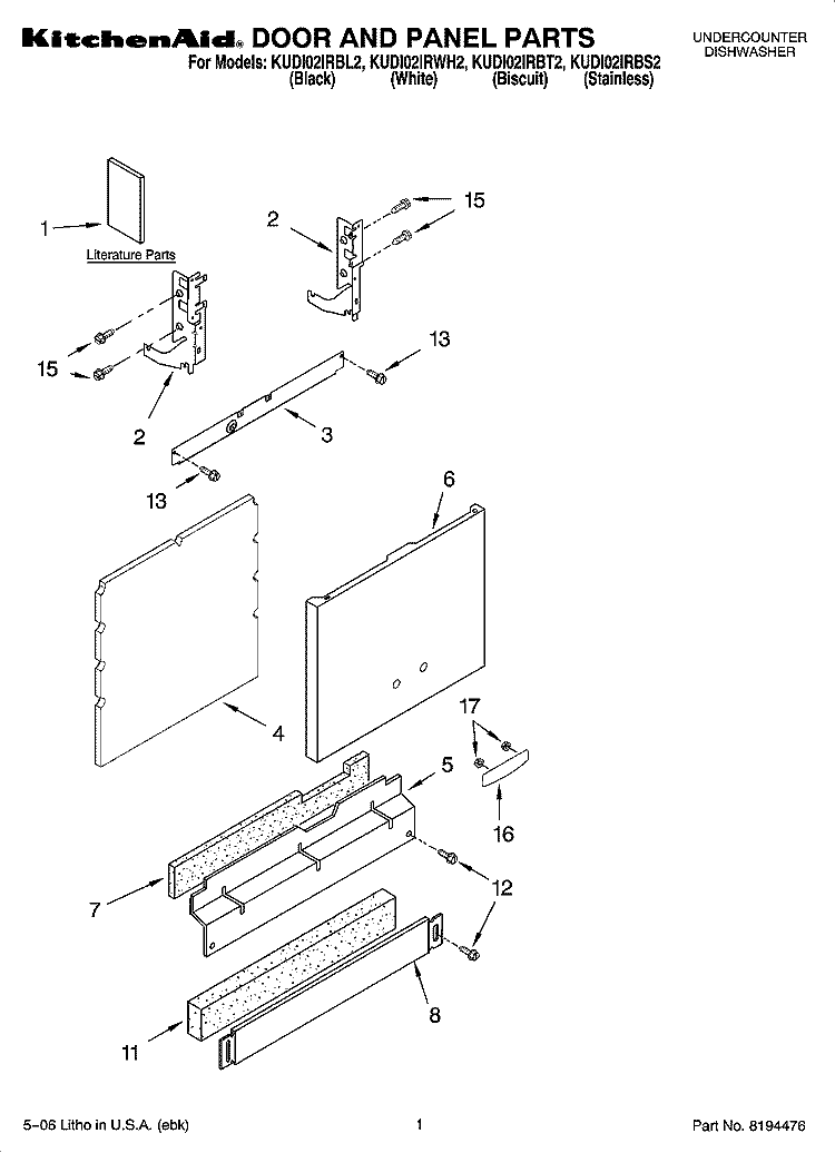 DOOR AND PANEL PARTS Diagram and Parts List for KUDI02IRWH2  KitchenAid Dishwasher