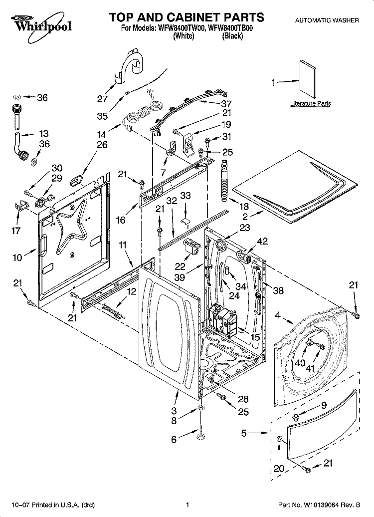 TOP AND CABINET PARTS Diagram and Parts List for WFW8400TB00  Whirlpool Washer