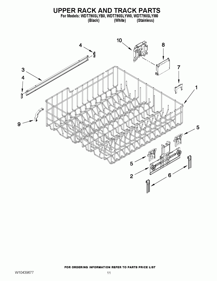 UPPER RACK AND TRACK PARTS Diagram and Parts List for WDT790SLYB0  Whirlpool Dishwasher
