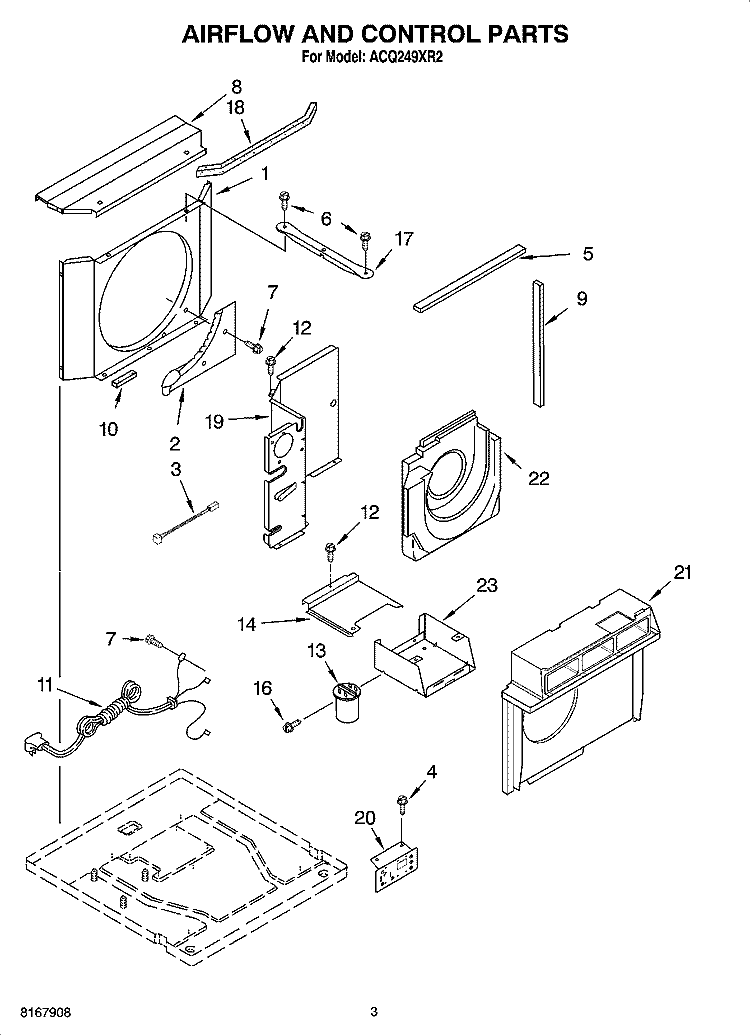 AIRFLOW AND CONTROL PARTS Diagram and Parts List for ACQ249XR2  Whirlpool Air Conditioner